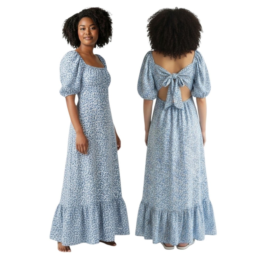 Blu Pepper Maxi Dress XL Blue Floral Puff Sleeve Ruffle Cutout Tie Back Prairie